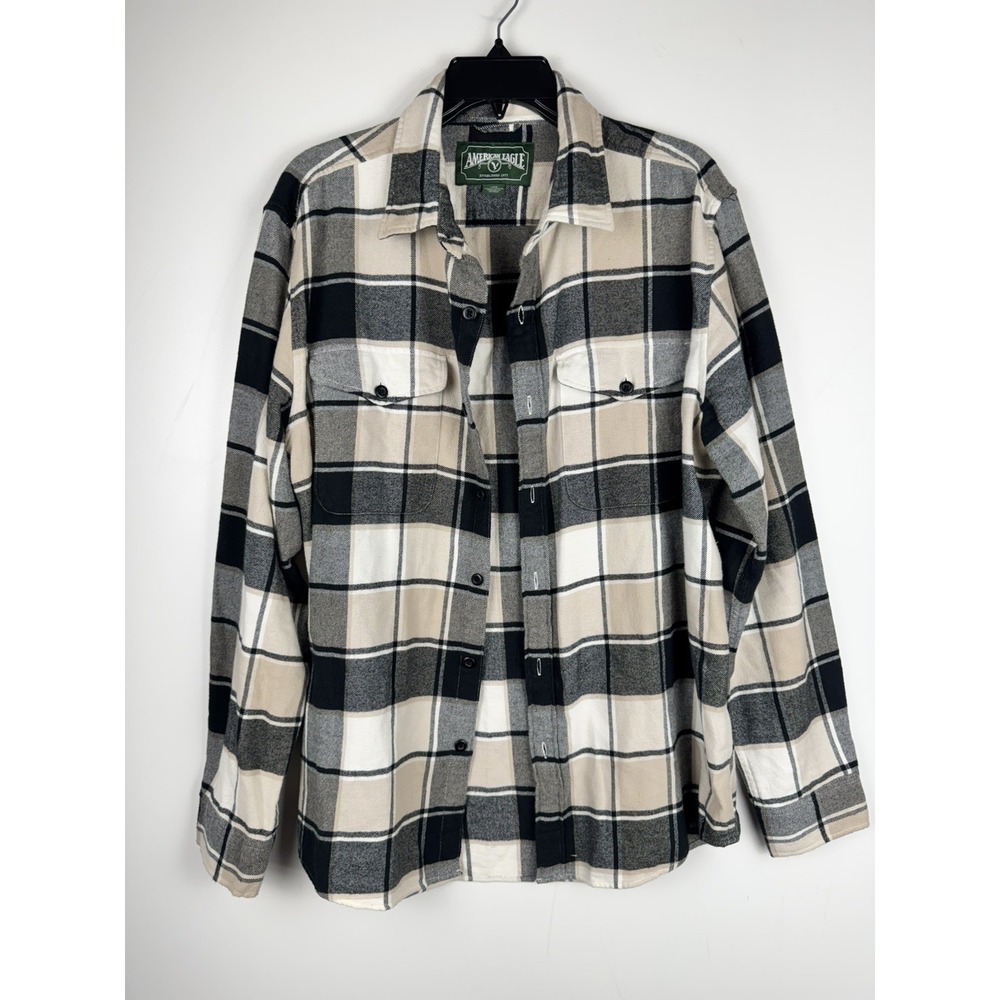 American Eagle Mens Large Plaid Flannel Shirt Tan Black Cream Long Sleeve Cotton